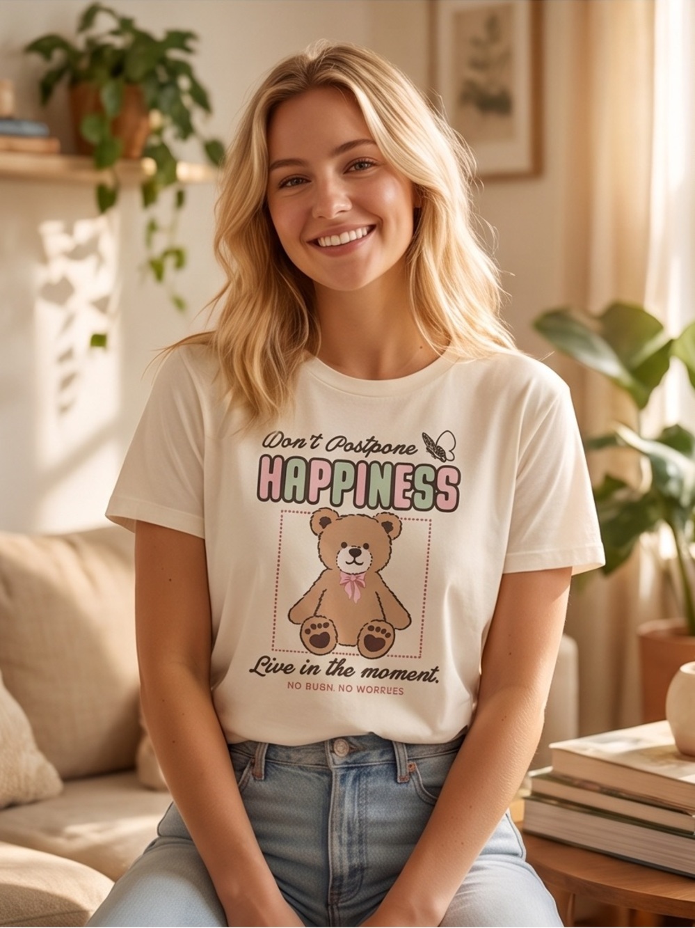 Cream Graphic T-Shirt with Bear Design